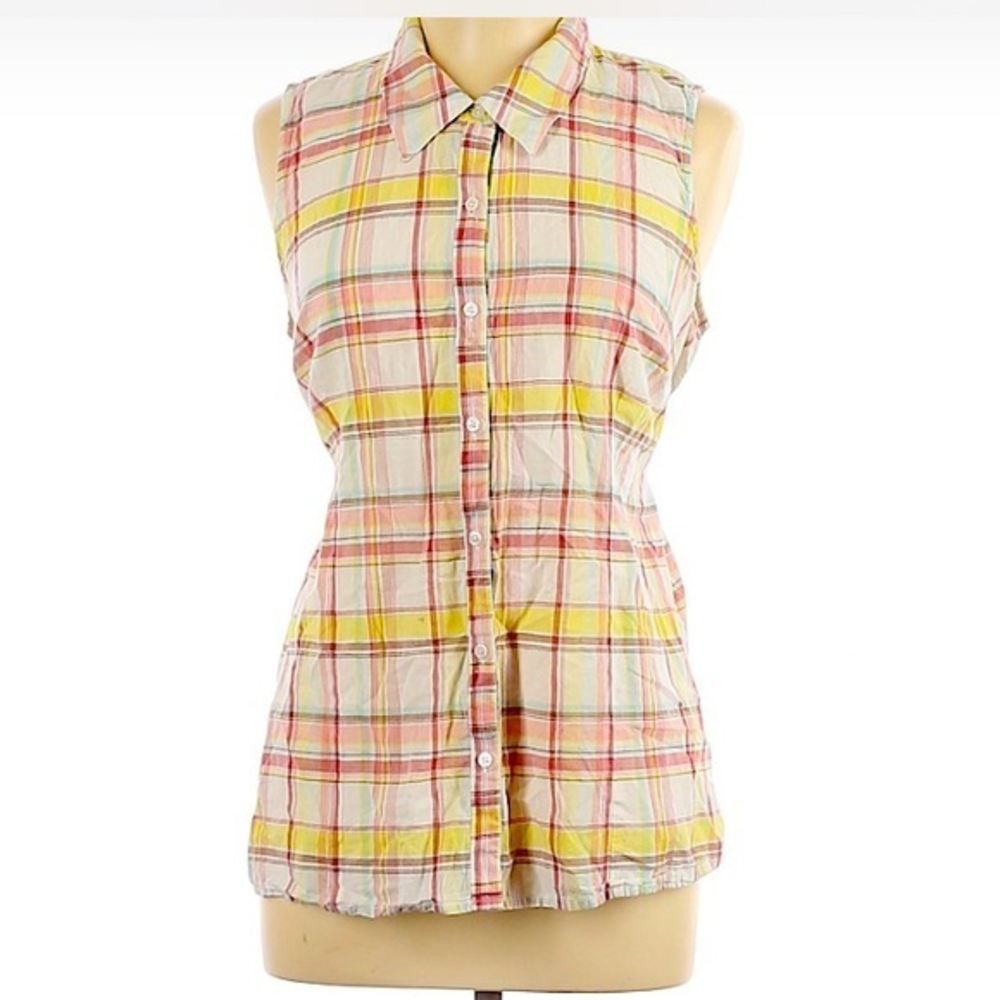 Motherhood Maternity L yellow/pink/white plaid button up sleeveless top‎